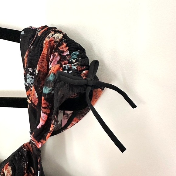 Torrid Curve Longline Bralette XL Floral Black Cap Sleeve Drawstring Mesh Bow - Picture 3 of 7